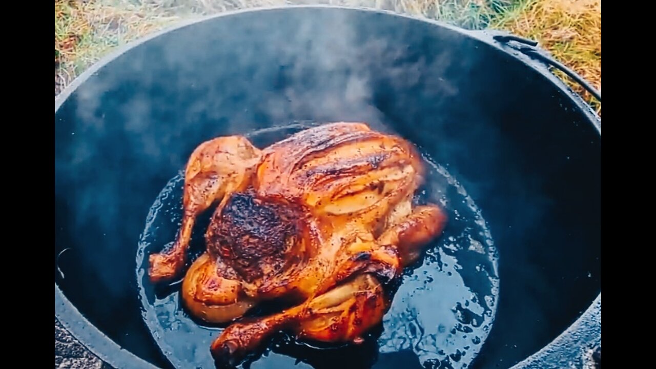 Whole CHICKEN cooked outdoors __(ASMR cooking, Relaxing Sounds, Camping