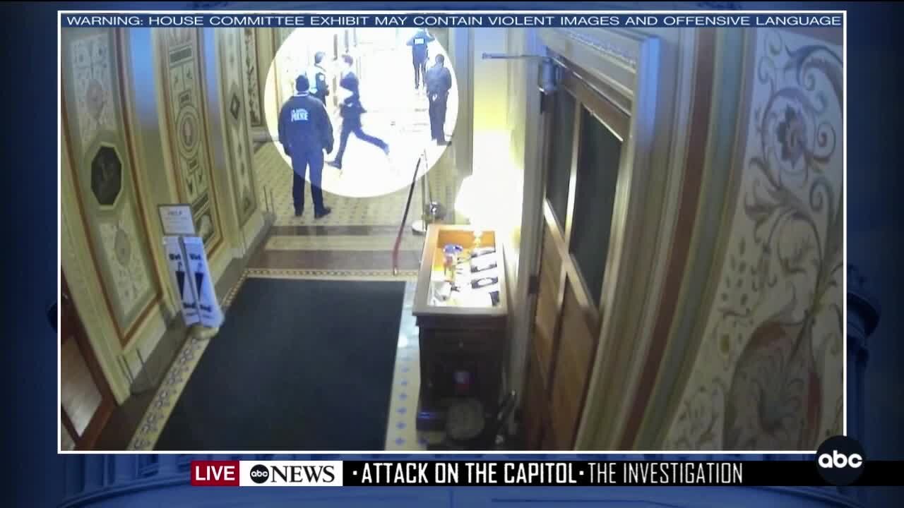 Senator Josh Hawley shown running down Capitol hallways in new January 6 Committee video