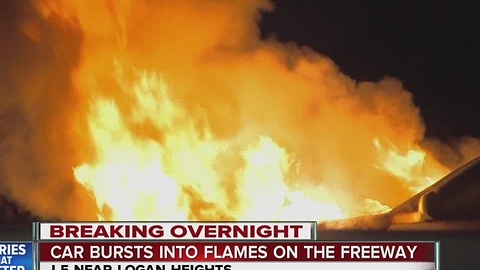 Car bursts into flames on the freeway