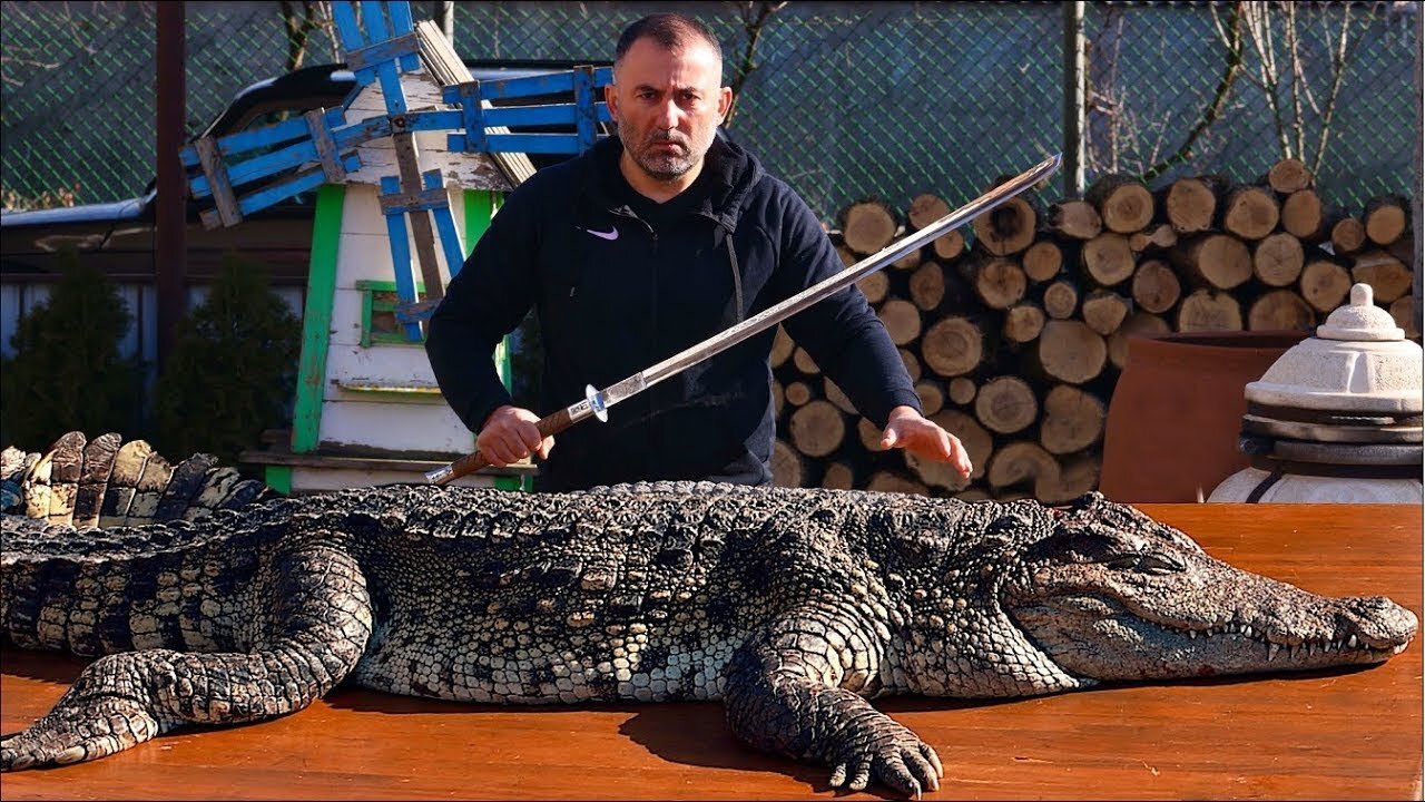 CROCODILE MEAT on a CHARCOAL GRILL, GRILLED CROCODILE MEAT.
