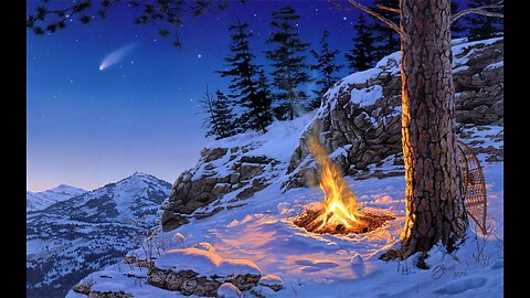 Winter Campfire Crackling Fire in the Snowy Mountain Woods ASMR 1 hour v2