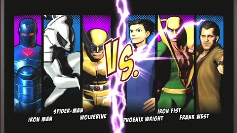 White spider-man Blue Iron Man Wolverine VS Iron Fist Phoenix Wright Frank west Marvel vs Capcom 3