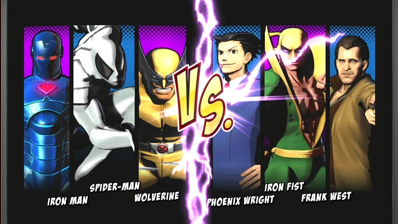 White spider-man Blue Iron Man Wolverine VS Iron Fist Phoenix Wright Frank west Marvel vs Capcom 3