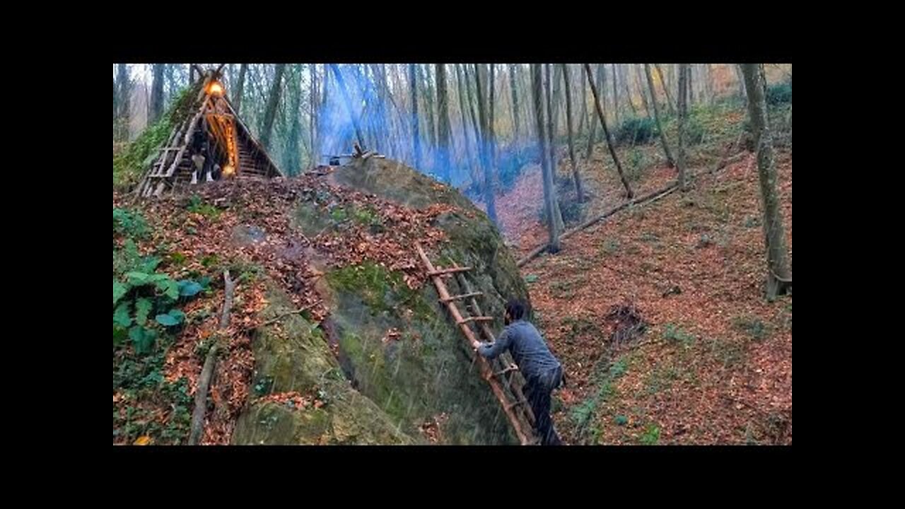 3 Days SOLO SURVIVAL CAMPING In RAIN - Building a Bushcraft Cliff SHELTER. MUSHROOM Cooking