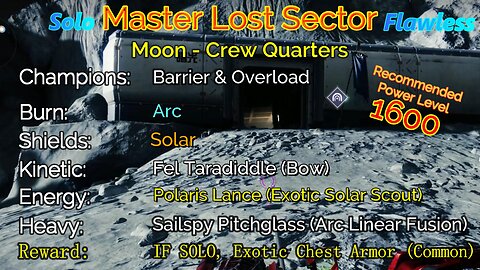 Destiny 2 Master Lost Sector: Moon - K1 Crew Quarters on my Warlock Solo-Flawless 12-4-22