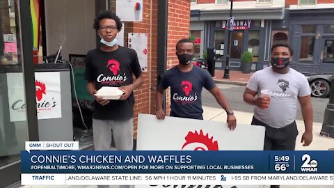 Connie's Chicken and Waffles in Fells Pointsays "We're Open Baltimore!"