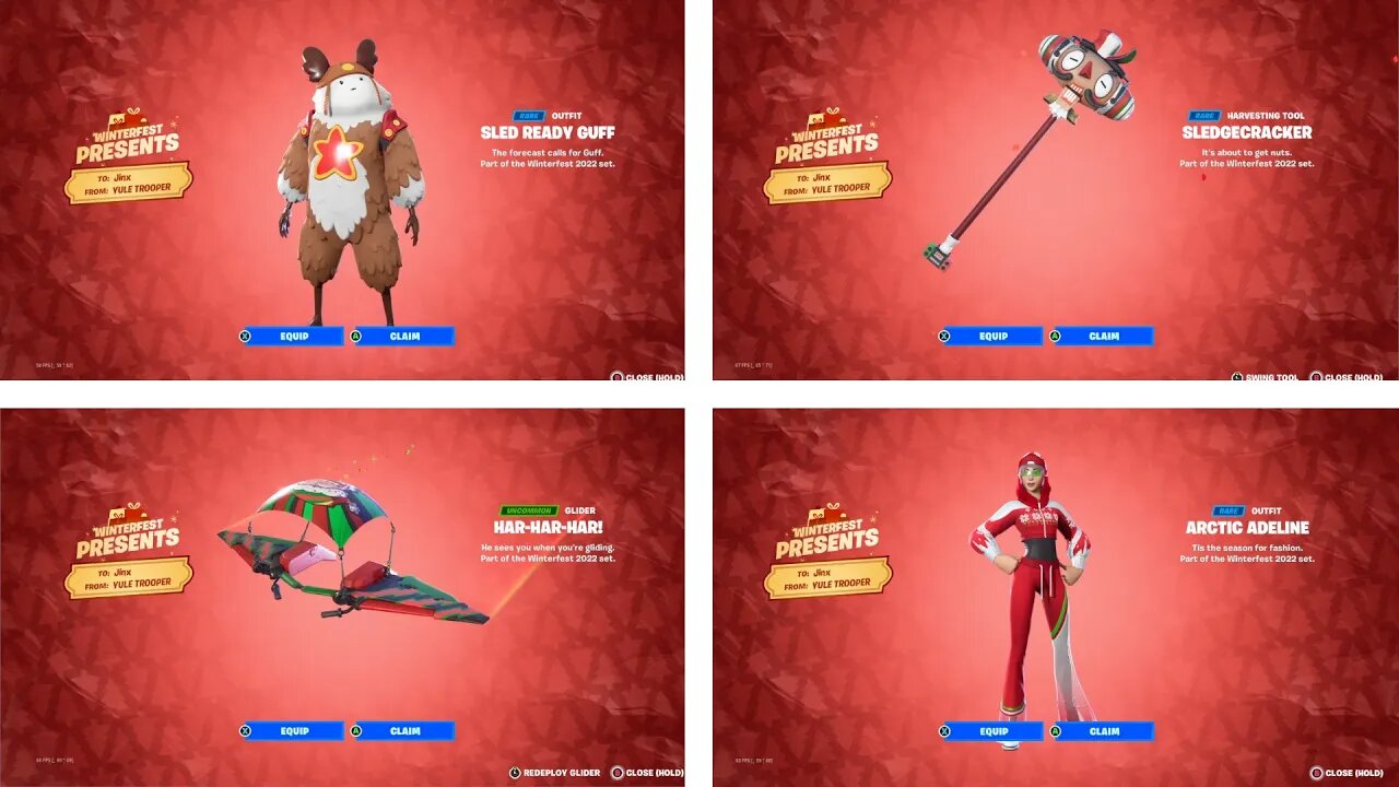 All *WINTERFEST* PRESENTS OPENED! (2022) FREE SKINS, PICKAXES, EMOTES & GLIDERS - FORTNITE CHAPTER 4