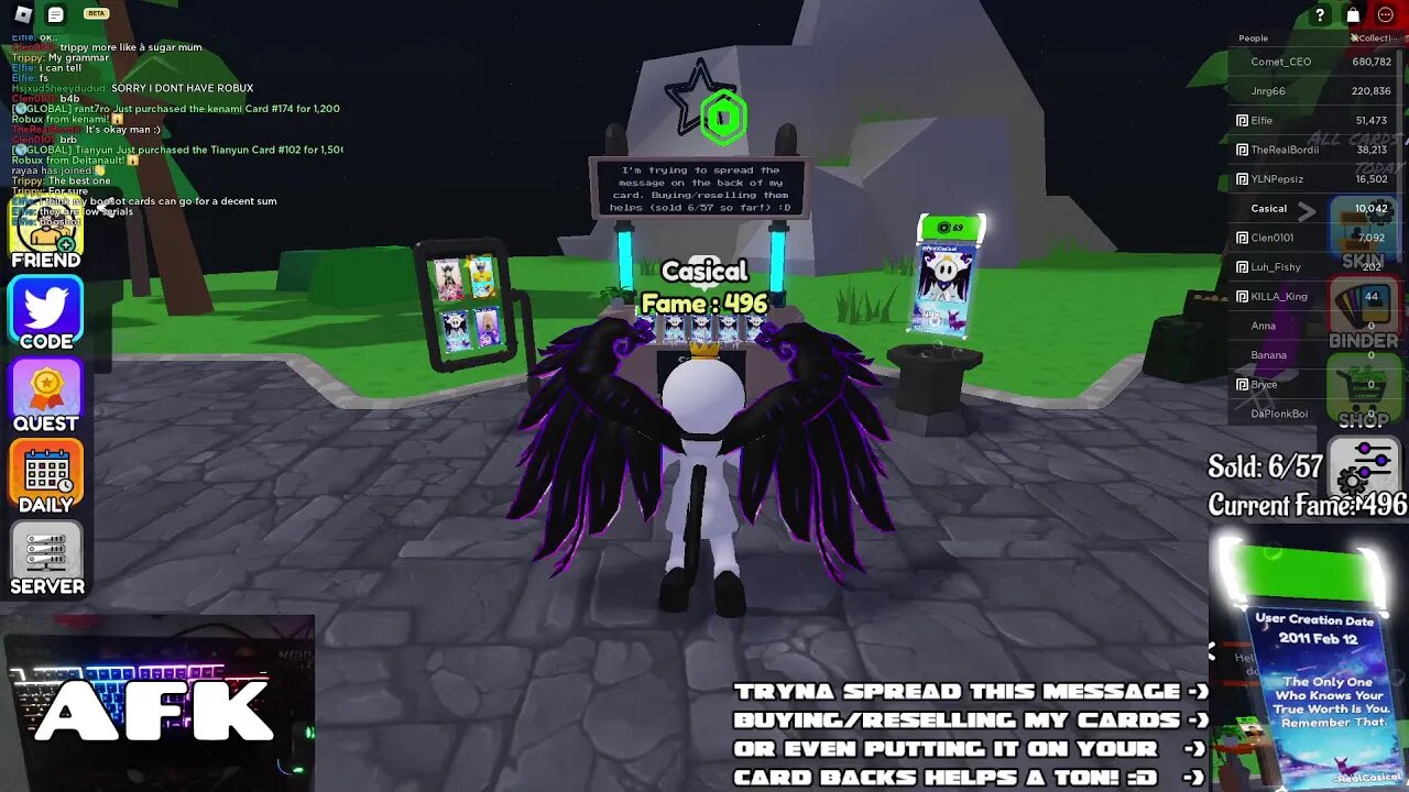 Selling some cards on PLS BUY ME (Roblox) and sending a positive message!