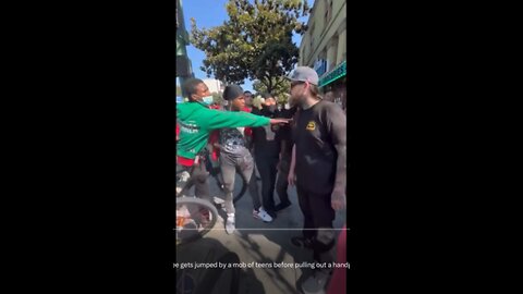 NEW: California liquor store employee gets jumped by a mob of teens before pulling out a handgun.