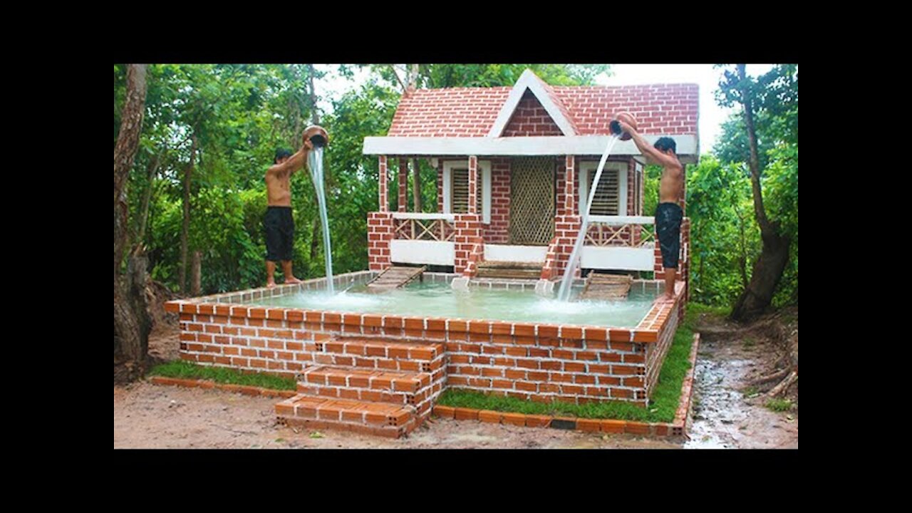 Buildding Amazing Pretty Brick Swimming Pool And Modern Two Story House