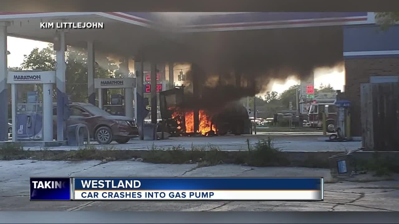 Car crashes into gas pump igniting fire at Westland gas station