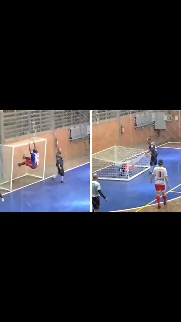 Dude gets stuck in goal netting after missing penalty kick