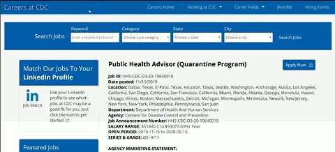 CDC (USA) were looking for personal for Quarantine program on 15 november 2019 .