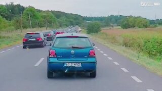 Condutor passeia cavalo com trela no meio da estrada