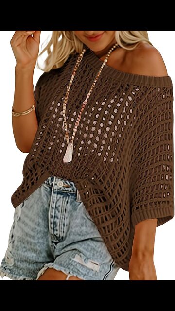 Dokotoo Womens Summer Scoop Neck Short Sleeve Sweater Out Knit Tops Pullover Shirts Beach