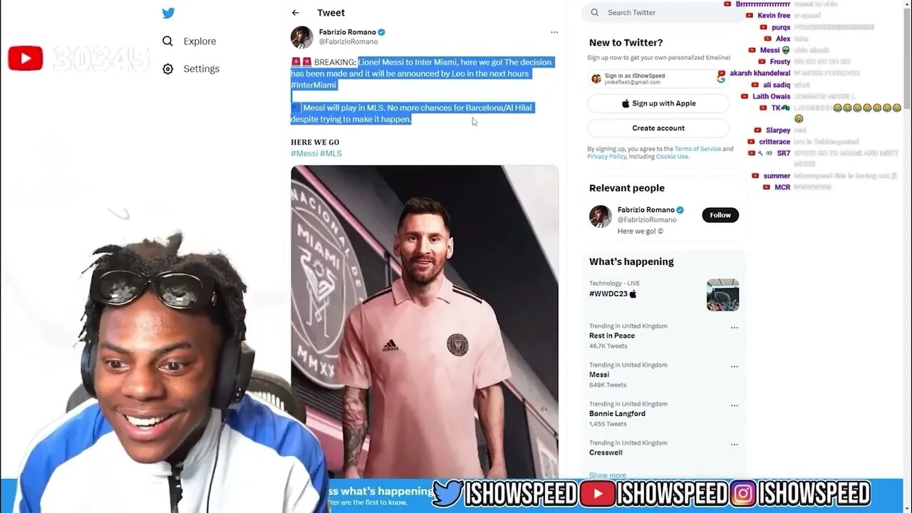 iShowSpeed reacts to Lionel Messi going Inter Miami