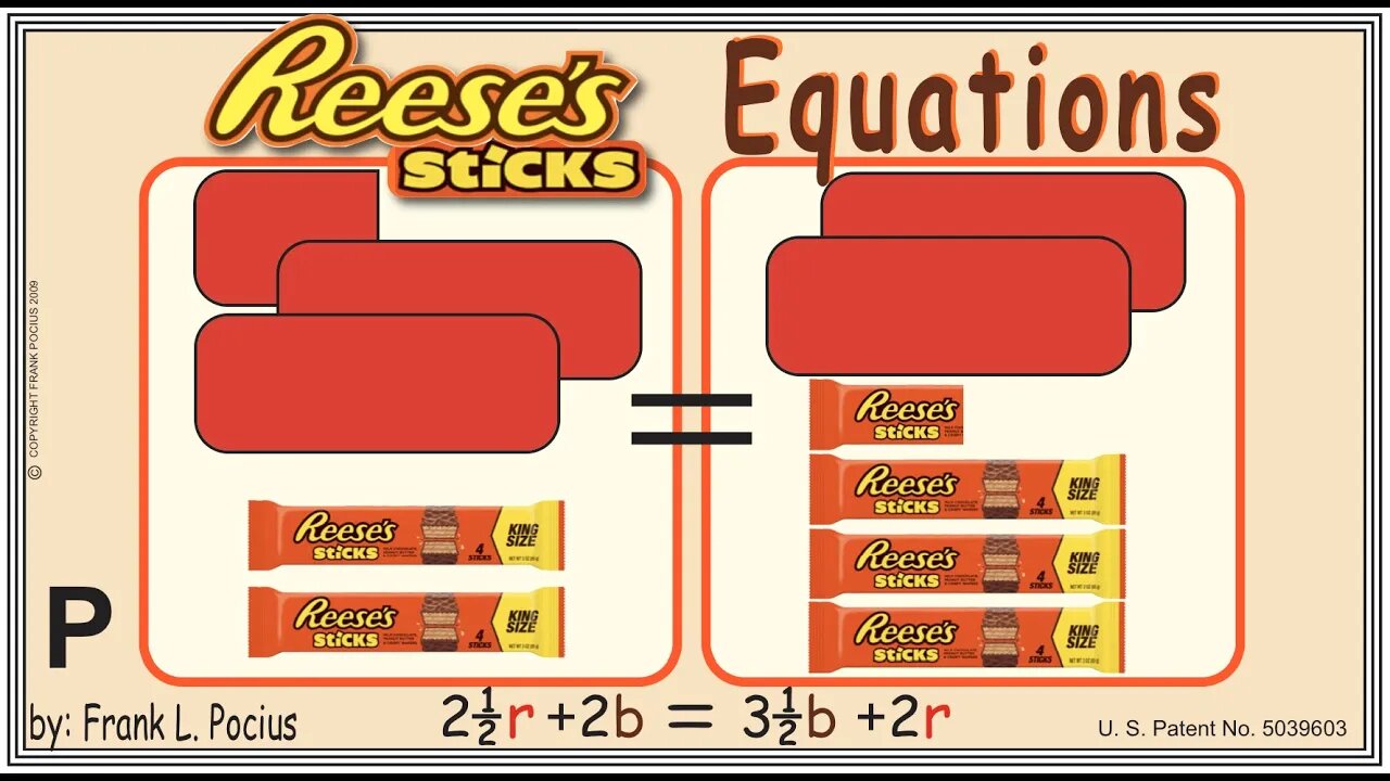 VISUAL REESES STICKS 2.5r+2b=3.5b+2r EQUATION _ SOLVING EQUATIONS _ SOLVING WORD PROBLEMS