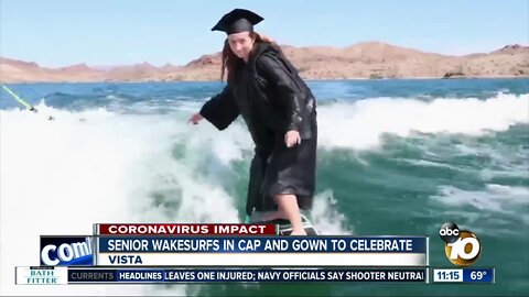 Senior wakesurfs in cap and gown to celebrate