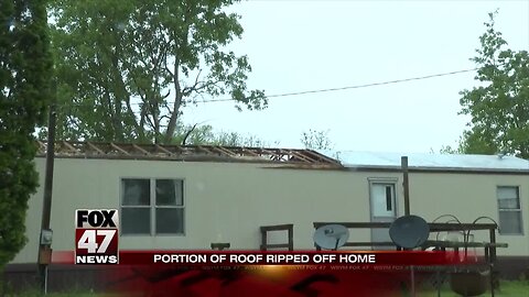 Fallen tree and ripped roof, thunderstorm effects