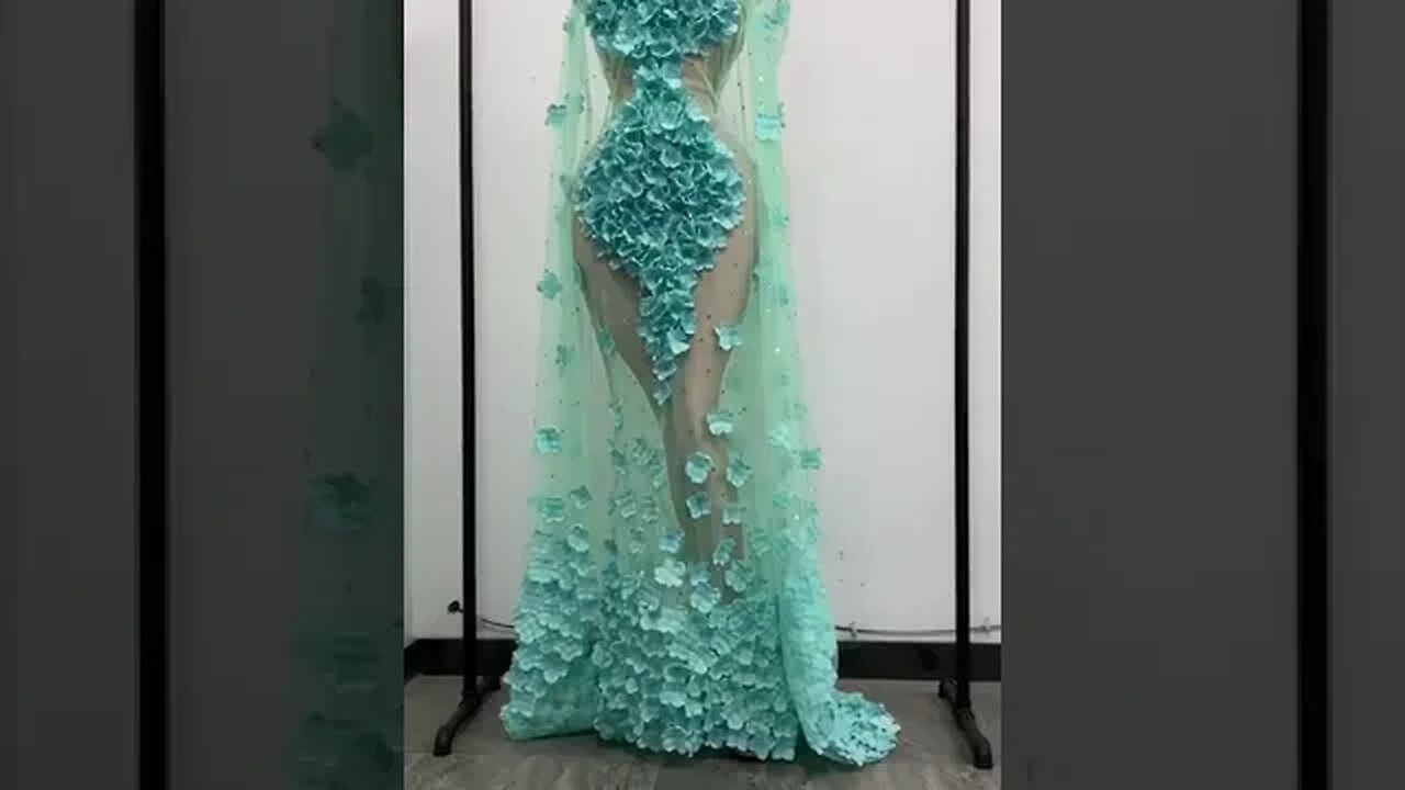 Elegant Rhinestone Floral Mesh See Through Party Dress Women Sexy Perspective Floor Length Trailing