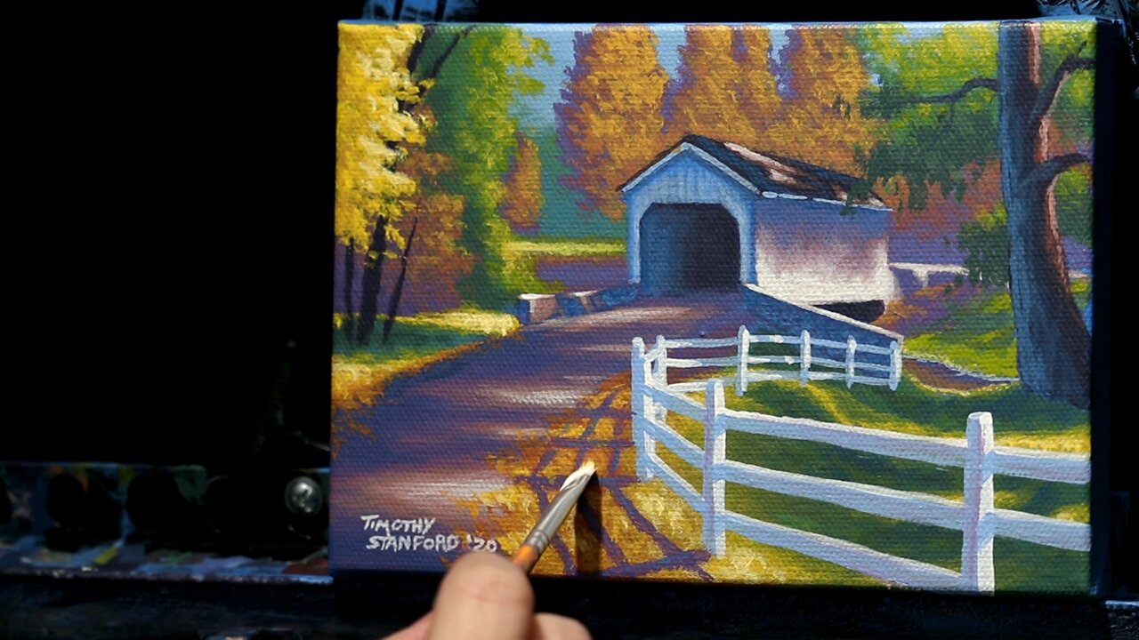 Mini Acrylic Landscape Painting of a Covered Bridge - Time Lapse - Artist Timothy Stanford