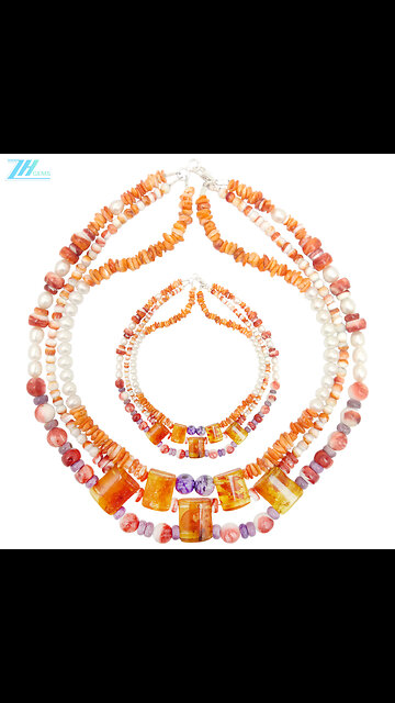 Orange spiny oyster and pretty pearl amber Charoite pendant Multi Strand Beaded Necklace Earthy03