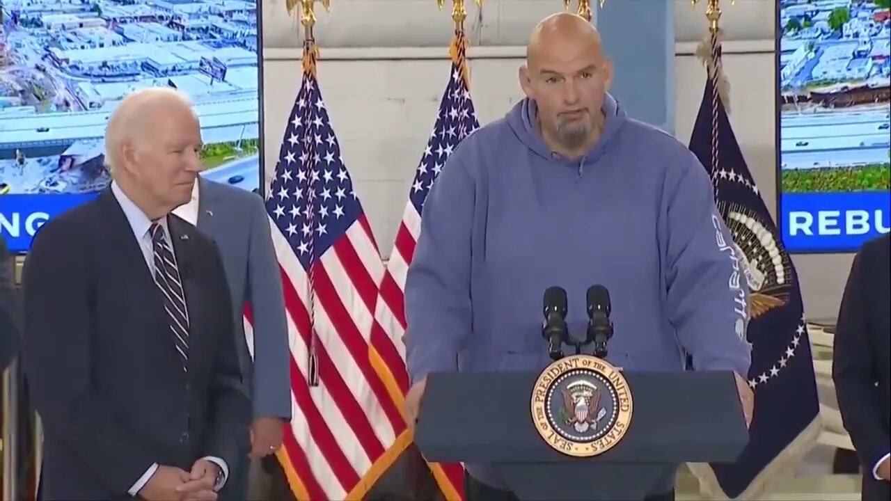 Sen. John Fetterman wears baggy shorts and preforms a word salad for Joe Biden in Philadelphia