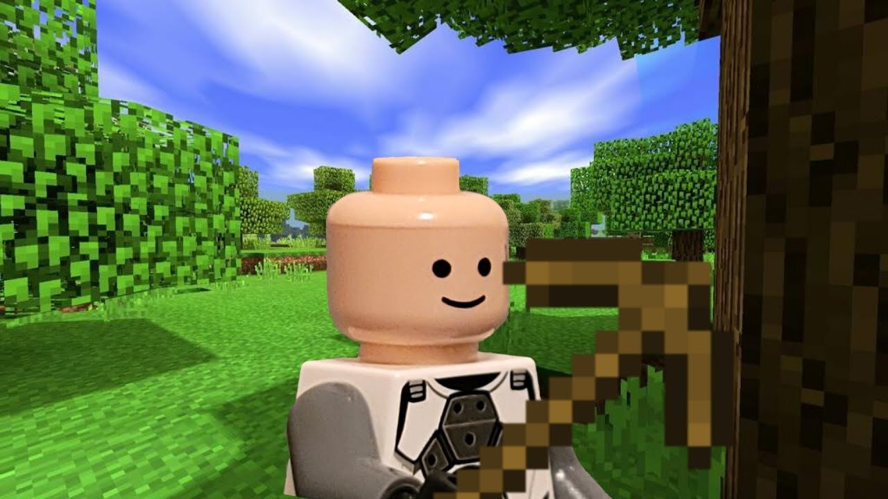 A lego man plays Minecraft