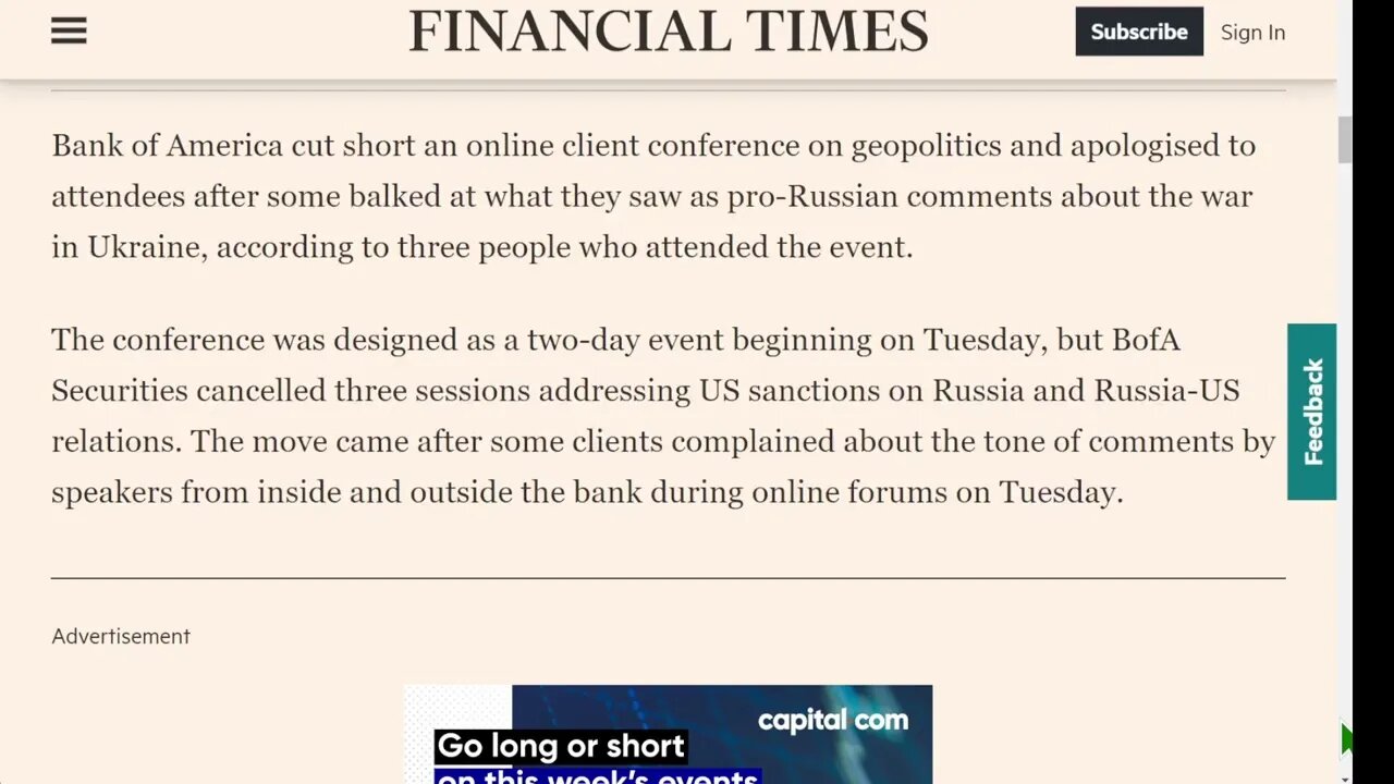 Financial Times : 國銀行因對烏克蘭戰爭的評論感到憤怒而縮減會議