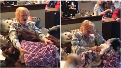 Grandma receives a blanket made from her deceased husband's shirt