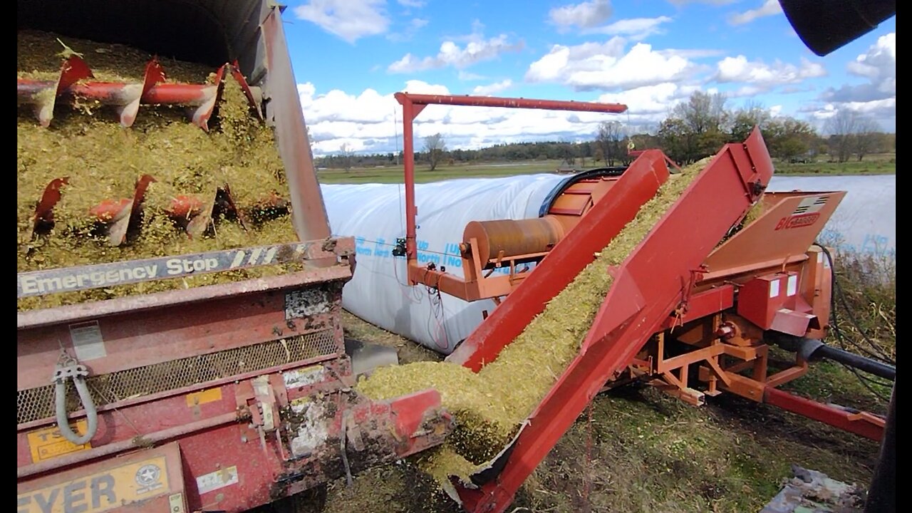 Filling silage bag with corn silage