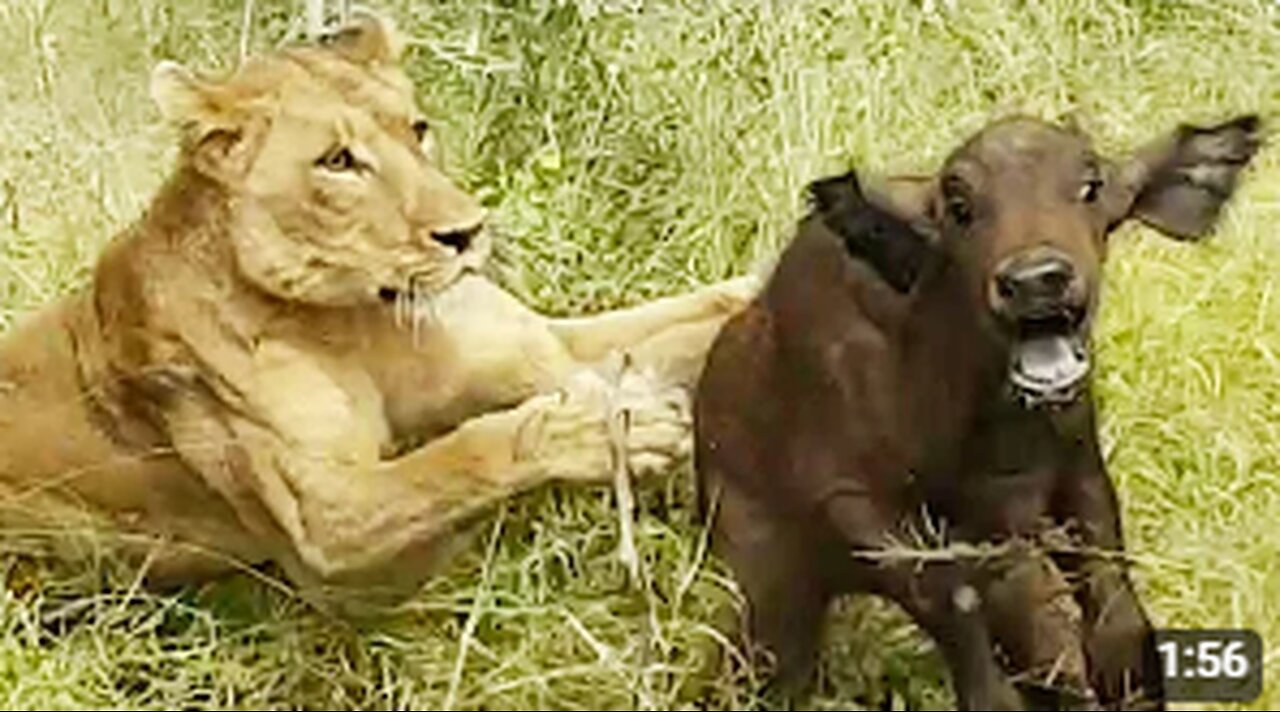 Lions Hunt Buffalo Calf Left Behind by Herd