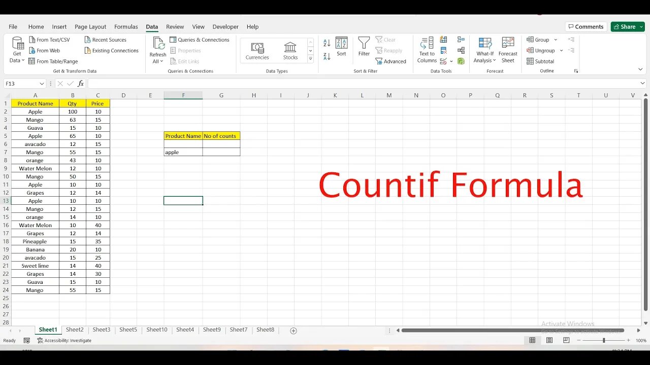 Find The Number Of Counts In Excel (Using Countif Formula).