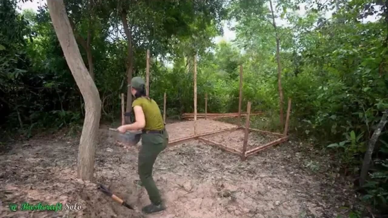 90 Day Alone Building Log Cabin with Grass Roof And a Swimming Pool