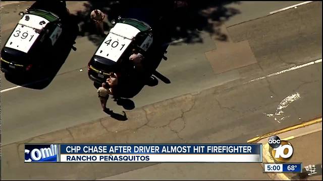 CHP chase starts after car nearly hits firefighter