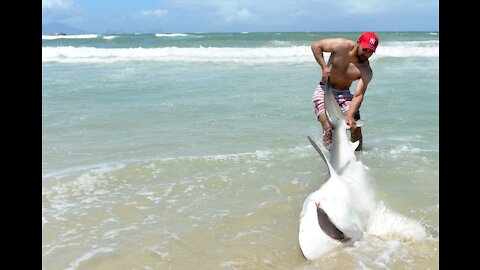 24 year old Ridhwaan Abrahams from Landsdown struggled for 2 hours to catch a Shark at Mnandi Beach