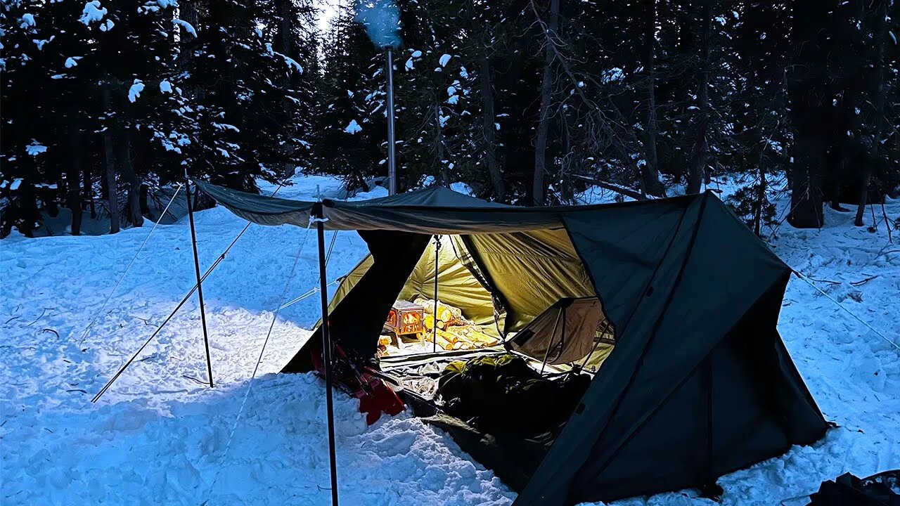 Hot Tent Winter Camping In A Snowy Forest