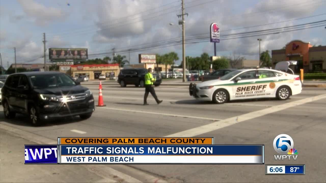 Broken power line disables traffic lights at Okeechobee Blvd. and Indian Road in West Palm Beach