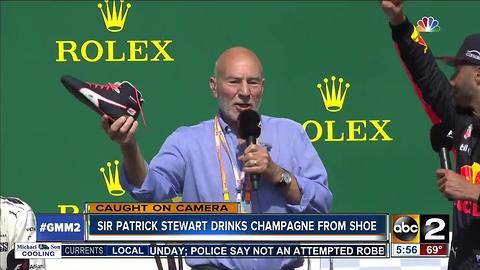 Sir Patrick Stewart drinks champagne from shoe