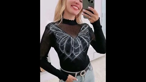 Rhinestone Decor Contrast Mesh Long Sleeve Knit Top, link in the comment