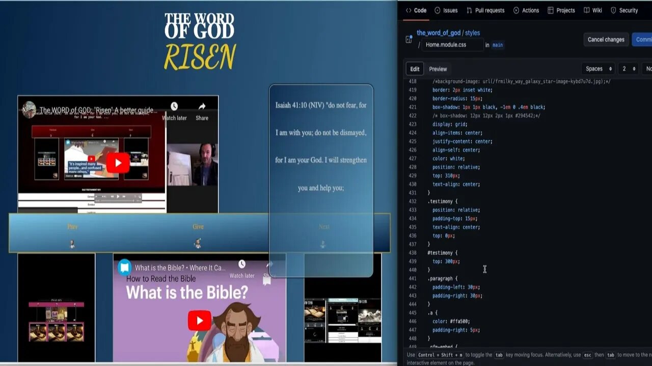 Behind the Scenes! Making changes to the layout with CSS in Next.js App. The Word of God Risen.