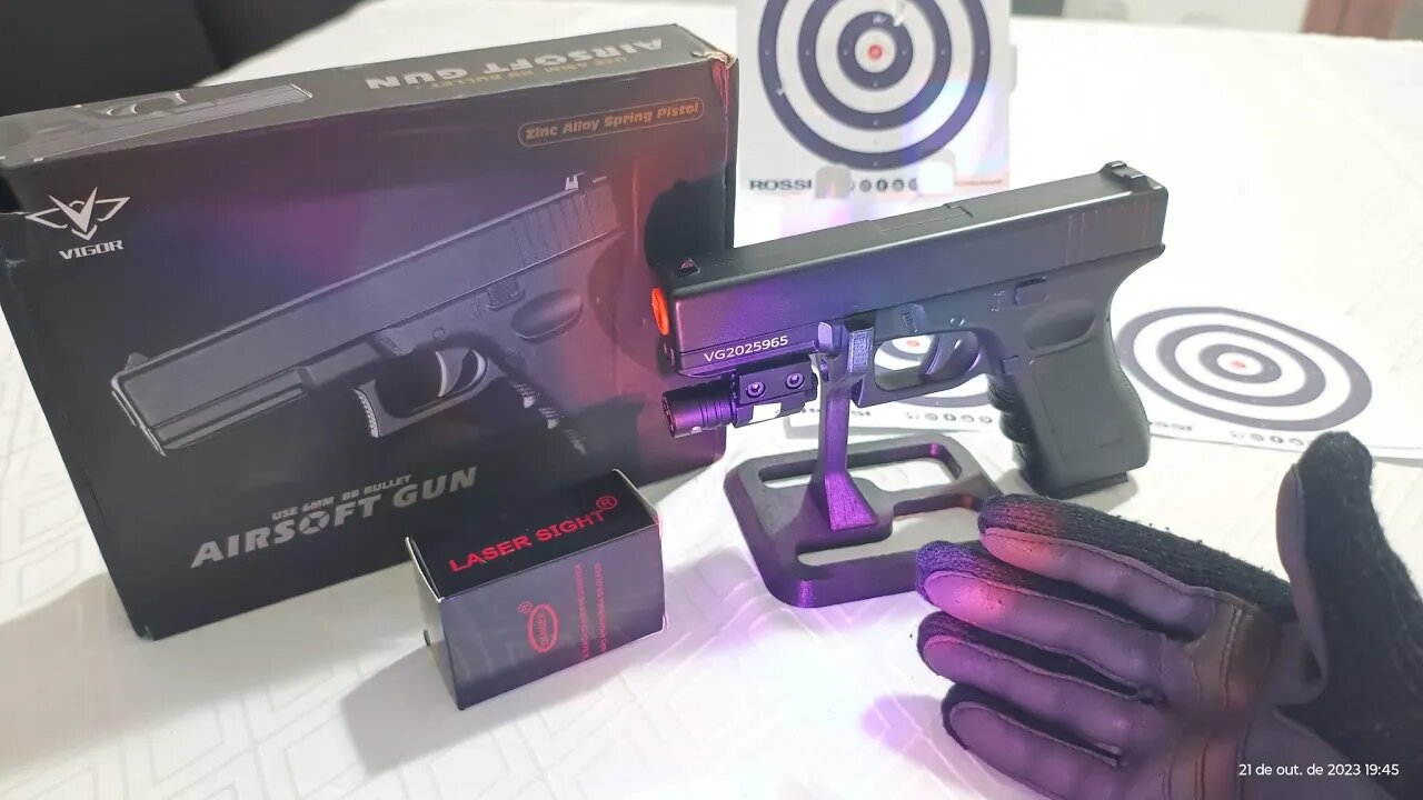 Pistola Airsoft Full Metal Glock Gk V20 Rossi + Mira Laser Profissional Colimador, Unboxing.