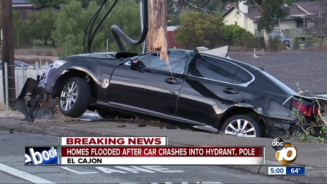 Home flooded after car crashes into hydrant, pole