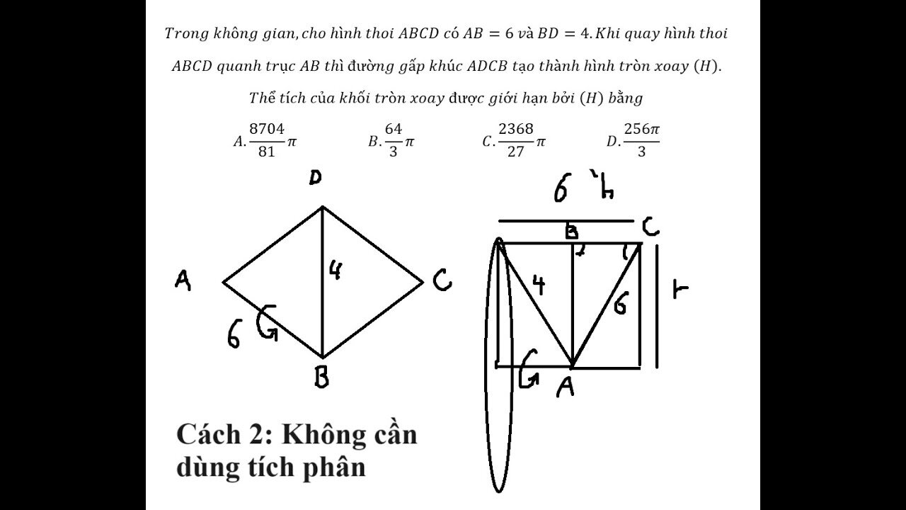 Đề chính thức 2024: Không cần tích phân: Trong không gian,cho hình thoi ABCD có AB=6 và BD=4.