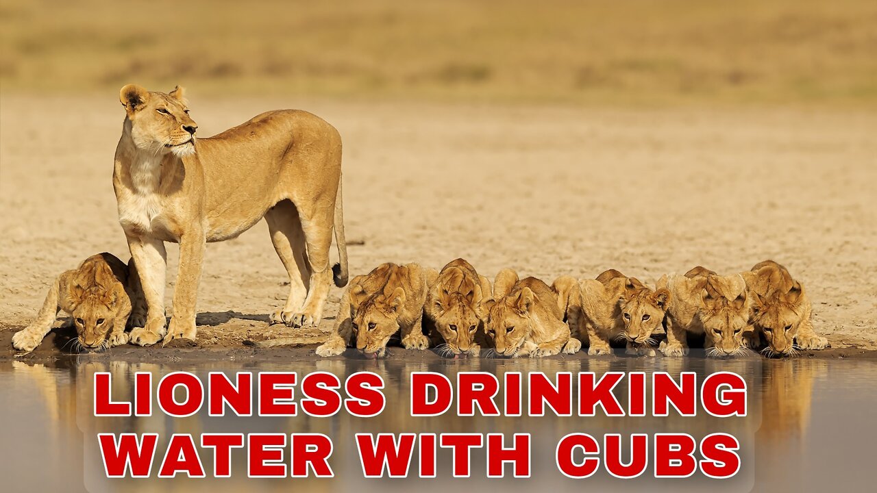 Lioness drinking water with her cubs