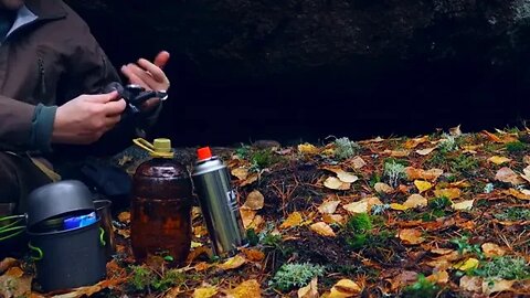 Autumn bushcraft hiking in the rainy fores...