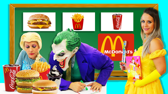 Frozen Elsa & Spiderman LEARN FOOD NAMES WITH MC DONALD'S AT SCHOOL! w/ Joker, Belle In Real Life