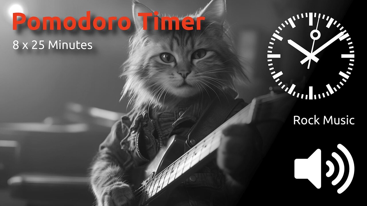 Pomodoro Timer 8 x 25min ~ Rock Music 🖤 ⬛️ 🔊