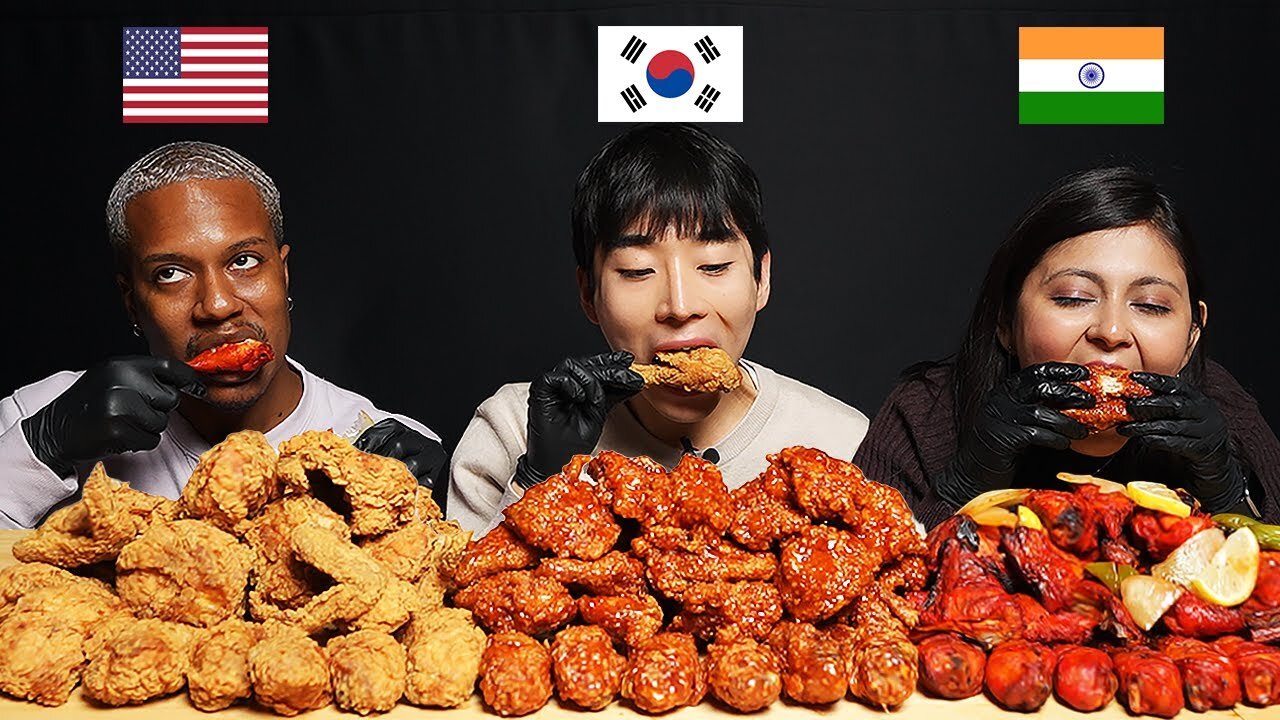 [AMERICA vs INDIA vs KOREA] People Try Each Other's Chicken!! FRIED, SPICY, TANDOORI (ASMR MUKBANG)