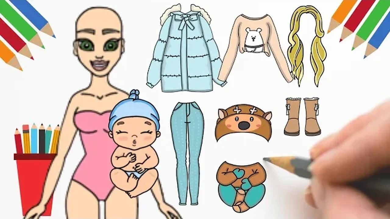 COMO DESENHAR BONECA DE PAPEL+ BEBÊ+ LOOK INVERNO MAMÃE E BEBÊ #bonecadepapel #paperdolls